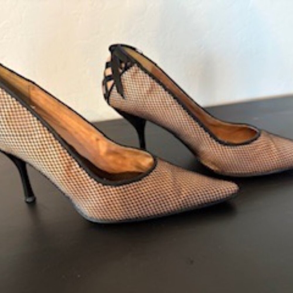 Beverly Feldman Size 7.5M Black Fishnet/Cream Satin High Heel Pump